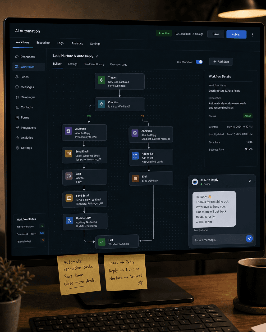 AI automation agents and workflow dashboard running 24/7