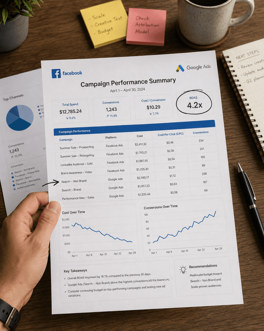 Facebook and Google Ads campaign performance dashboard
